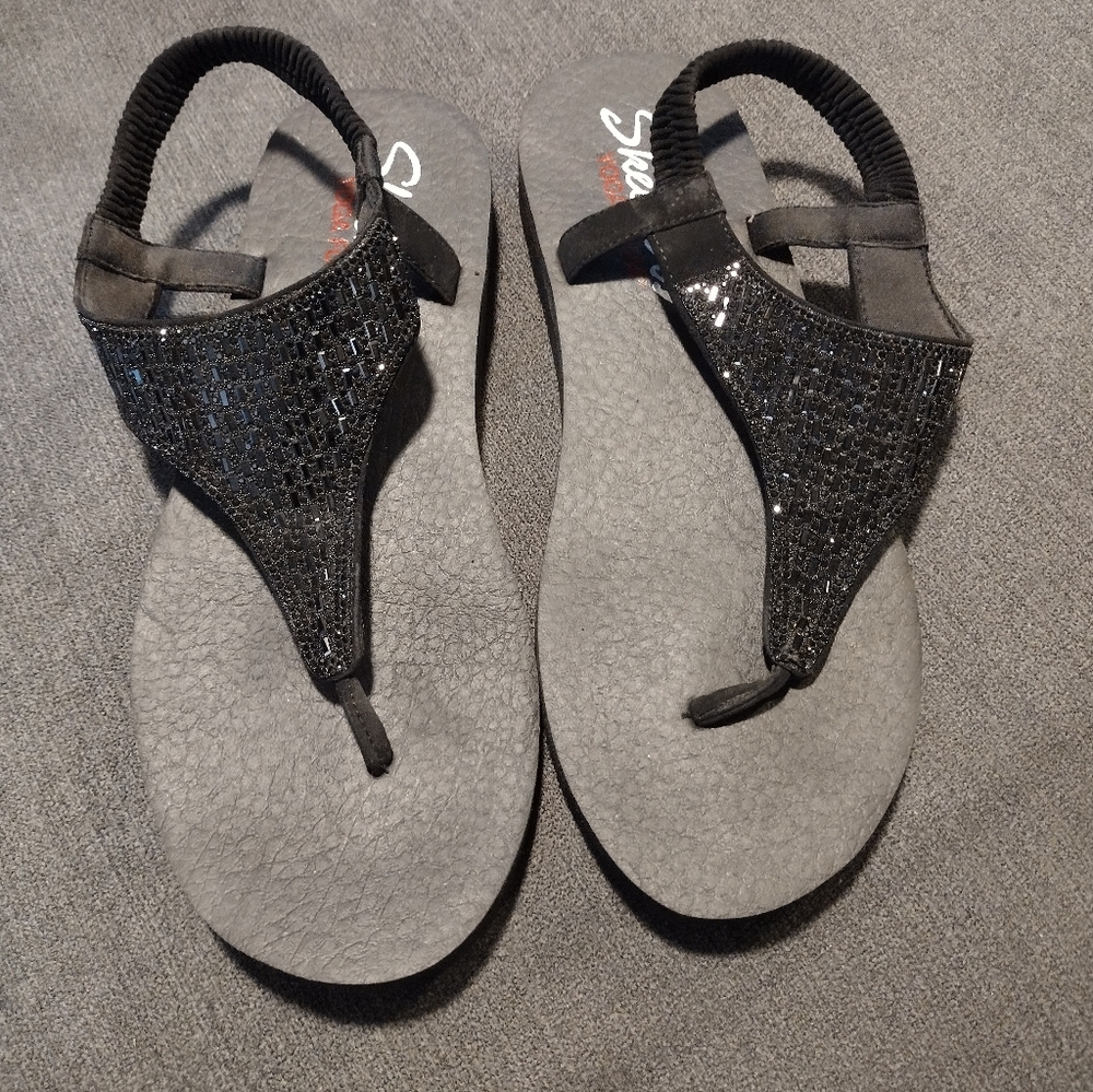 Skechers Yoga Foam Black Faux Beaded Slingbacks